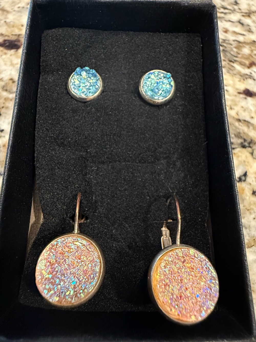 Druzy post earrings pink drop pair & teal post pair set of two - Picture 3 of 5